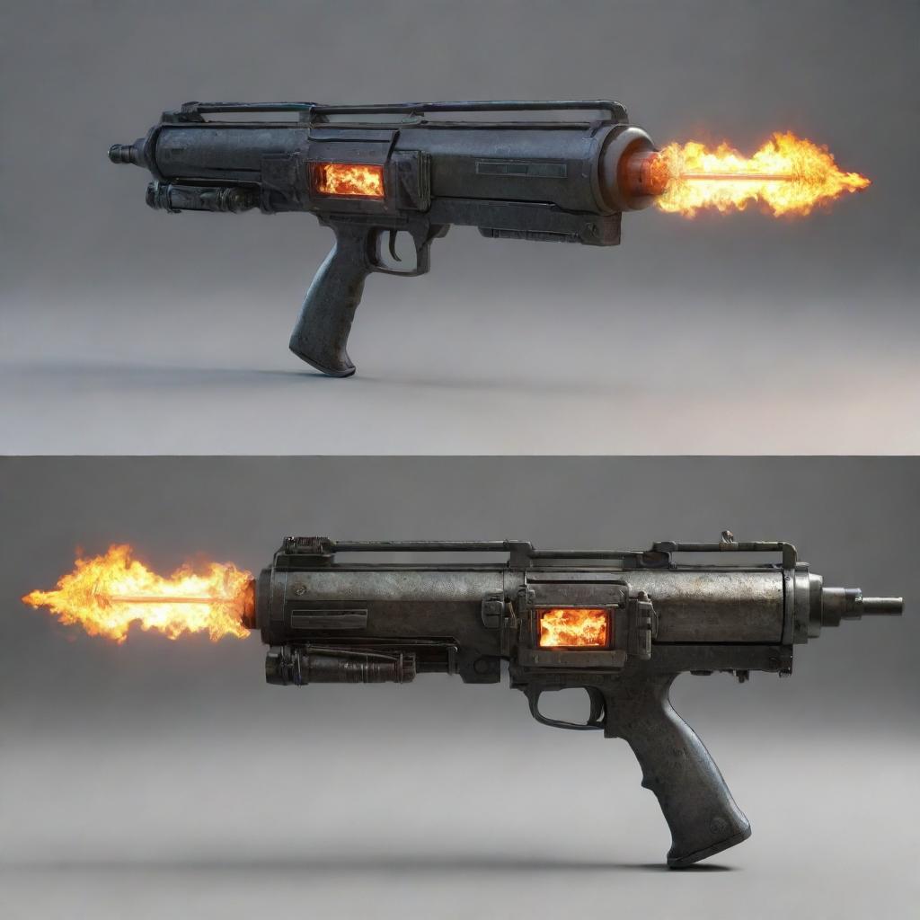 An imaginative, futuristic weapon that is a cross between a flamethrower and a machine gun.