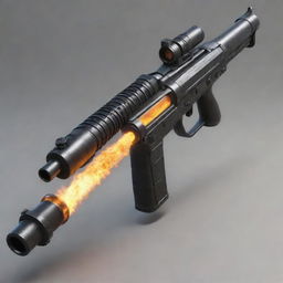 An imaginative, futuristic weapon that is a cross between a flamethrower and a machine gun.