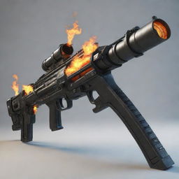 An imaginative, futuristic weapon that is a cross between a flamethrower and a machine gun.