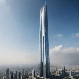 An immense, futuristic skyscraper reaching a staggering height of 1000 km, piercing the atmosphere and extending into space.