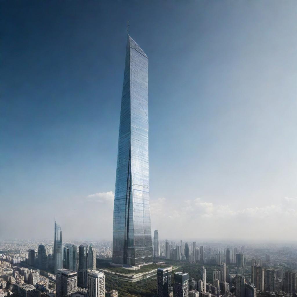 An immense, futuristic skyscraper reaching a staggering height of 1000 km, piercing the atmosphere and extending into space.