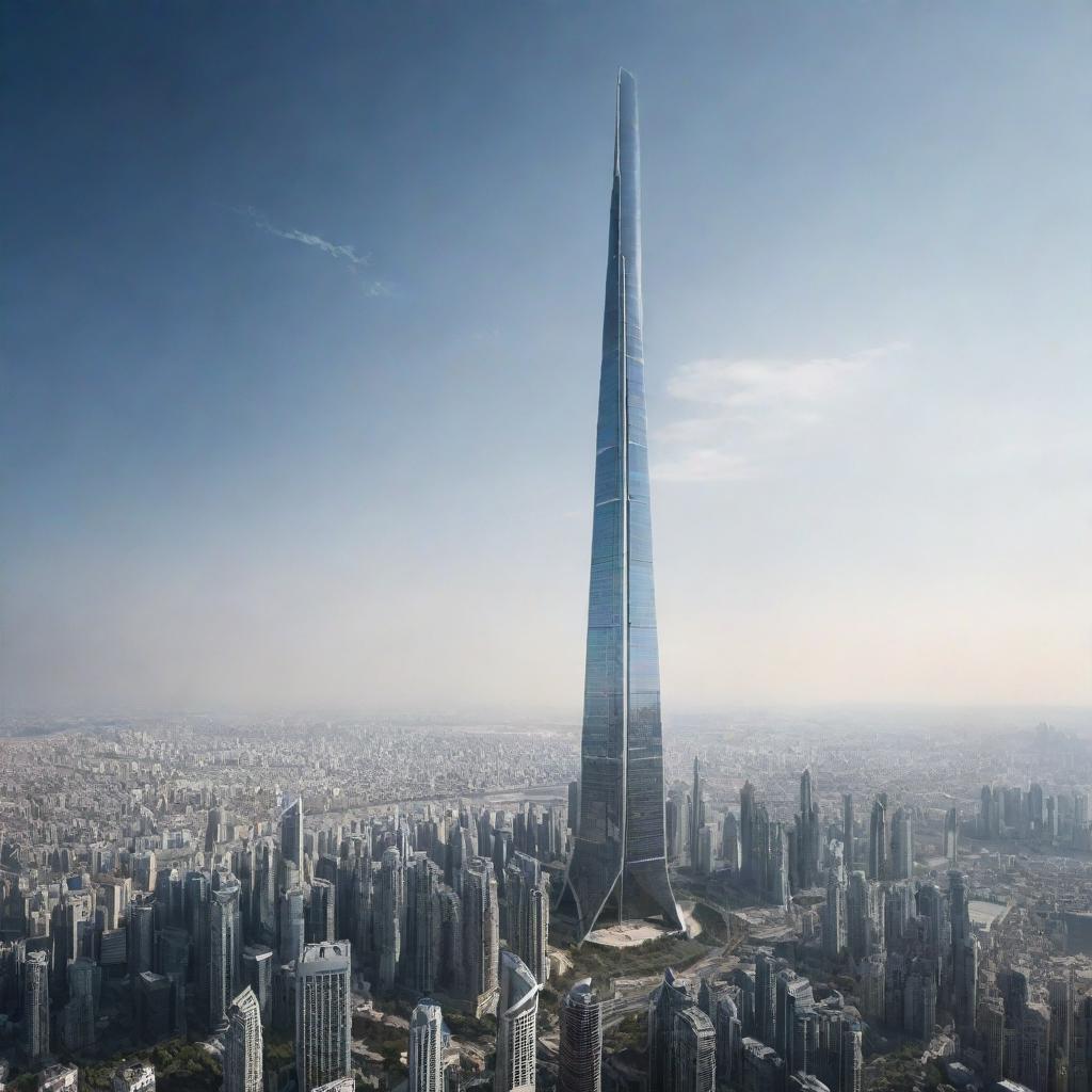 An immense, futuristic skyscraper reaching a staggering height of 1000 km, piercing the atmosphere and extending into space.