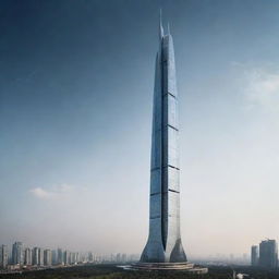 An immense, futuristic skyscraper reaching a staggering height of 1000 km, piercing the atmosphere and extending into space.