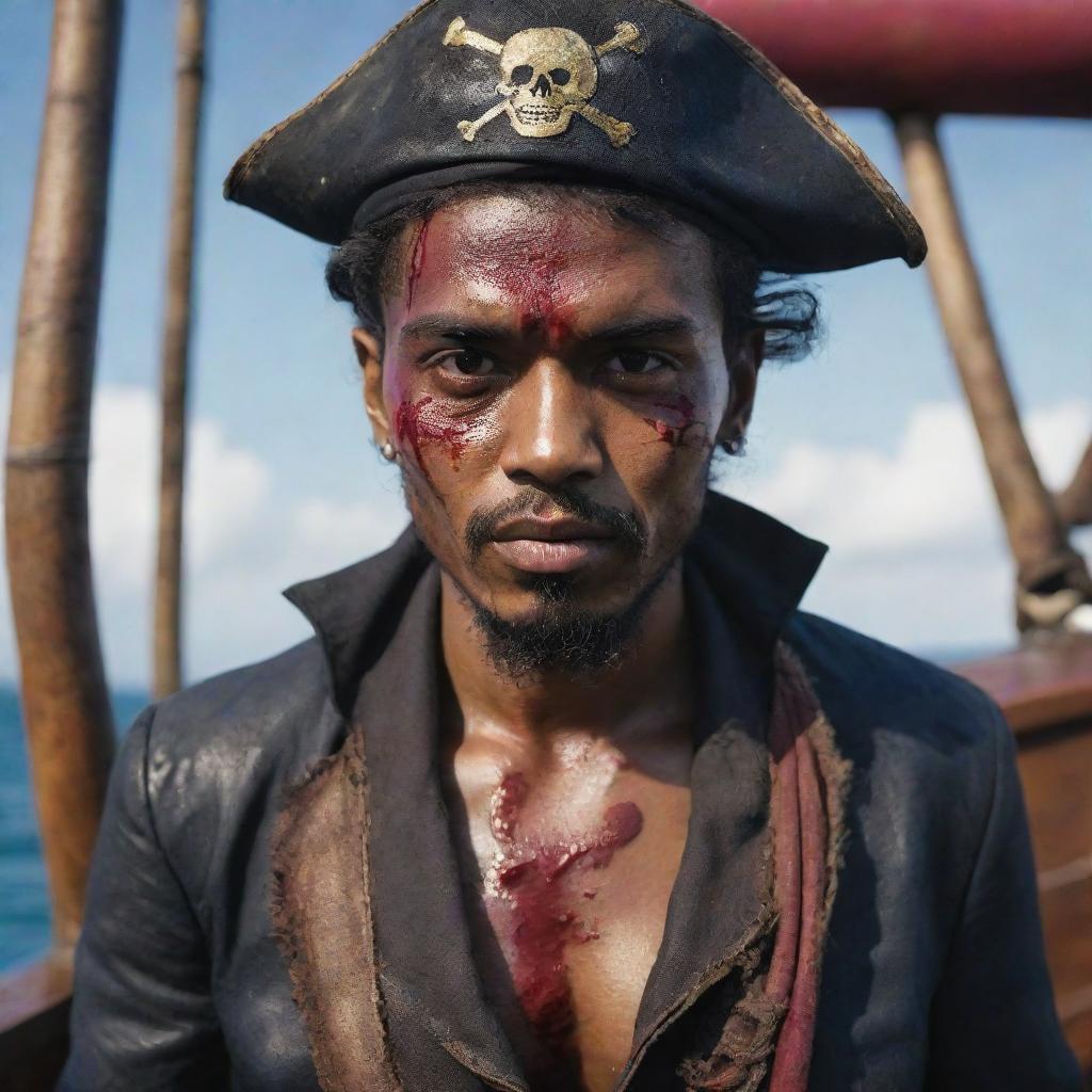 Hyper-realistic portrait of a Malay male model styled as a nautical pirate, with a scratched and bloody face, posing on a pirate ship, styled as an Instagram post.