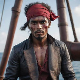 Hyper-realistic portrait of a Malay male model styled as a nautical pirate, with a scratched and bloody face, posing on a pirate ship, styled as an Instagram post.