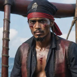 Hyper-realistic portrait of a Malay male model styled as a nautical pirate, with a scratched and bloody face, posing on a pirate ship, styled as an Instagram post.