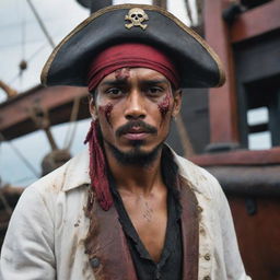 Hyper-realistic portrait of a Malay male model styled as a nautical pirate, with a scratched and bloody face, posing on a pirate ship, styled as an Instagram post.