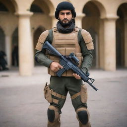 A fully-equipped, modern Iranian supersoldier, outfitted with advanced armor and high-tech weaponry.