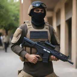 A fully-equipped, modern Iranian supersoldier, outfitted with advanced armor and high-tech weaponry.