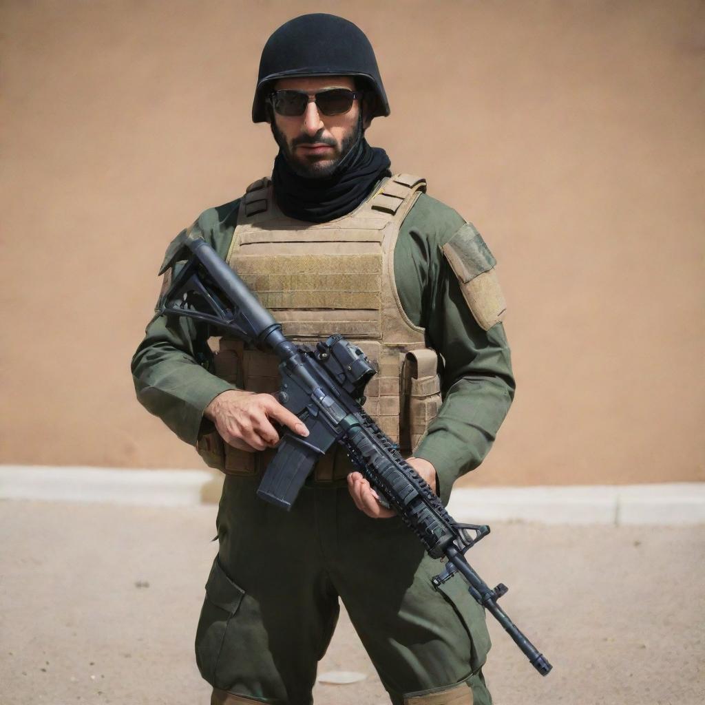 A fully-equipped, modern Iranian supersoldier, outfitted with advanced armor and high-tech weaponry.