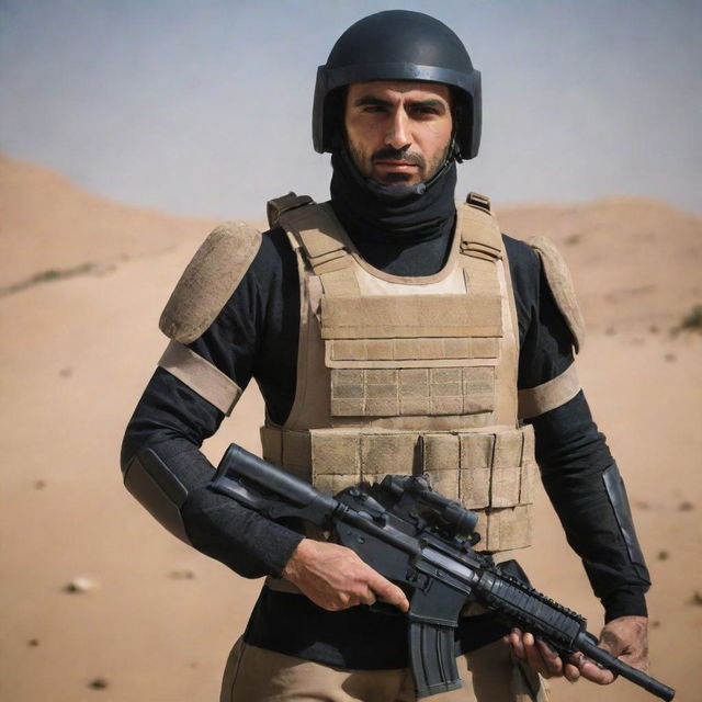 A fully-equipped, modern Iranian supersoldier, outfitted with advanced armor and high-tech weaponry.