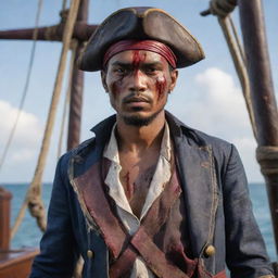 Hyper-realistic portrait of a Malay male model dressed in nautical pirate attire with a scratched and bloody face, standing confidently on a pirate ship, in the style of an Instagram post.