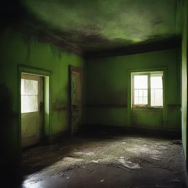 The haunted house was dimly lit, with the walls covered in a greenish-brown mold that added to the eerie atmosphere.