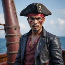 Hyper-realistic portrait of a Malay male model dressed in nautical pirate attire with a scratched and bloody face, standing confidently on a pirate ship, in the style of an Instagram post.