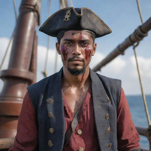 Hyper-realistic portrait of a Malay male model dressed in nautical pirate attire with a scratched and bloody face, standing confidently on a pirate ship, in the style of an Instagram post.