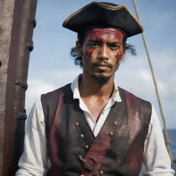 Hyper-realistic portrait of a Malay male model dressed in nautical pirate attire with a scratched and bloody face, standing confidently on a pirate ship, in the style of an Instagram post.