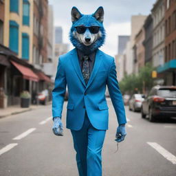 A cool, anthropomorphic blue wolf with sunglasses confidently strolling down a bustling city street