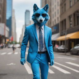 A cool, anthropomorphic blue wolf with sunglasses confidently strolling down a bustling city street