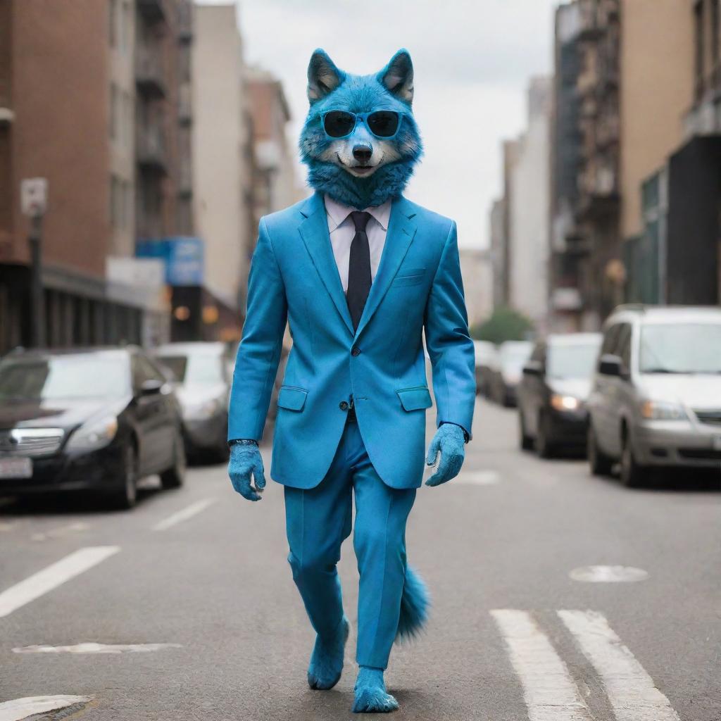 A cool, anthropomorphic blue wolf with sunglasses confidently strolling down a bustling city street