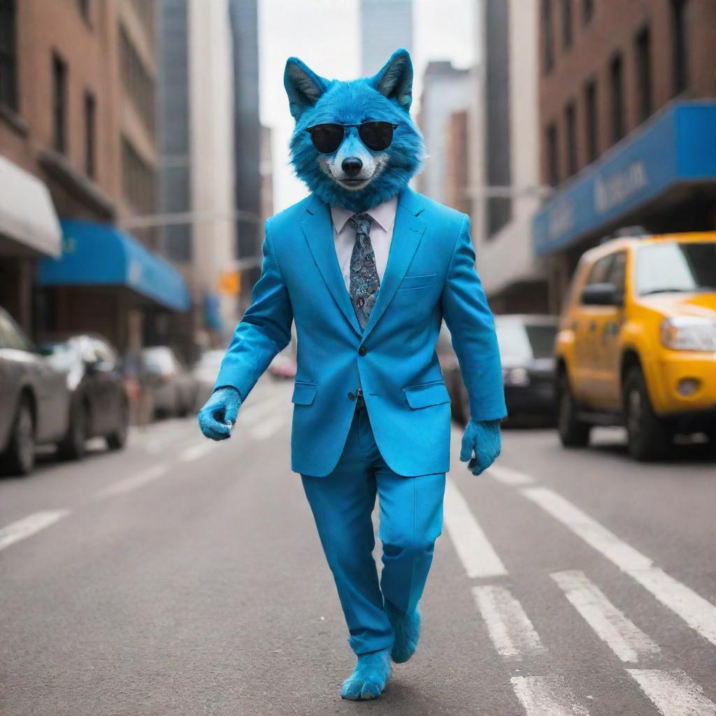 A cool, anthropomorphic blue wolf with sunglasses confidently strolling down a bustling city street