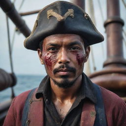 Hyper-realistic Instagram portrait of a Malay male in nautical pirate style, with a scratched and bloody face, on a pirate ship, portrayed through an epic film camera shot.