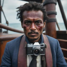 Hyper-realistic Instagram portrait of a Malay male in nautical pirate style, with a scratched and bloody face, on a pirate ship, portrayed through an epic film camera shot.