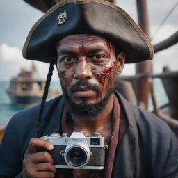 Hyper-realistic Instagram portrait of a Malay male in nautical pirate style, with a scratched and bloody face, on a pirate ship, portrayed through an epic film camera shot.