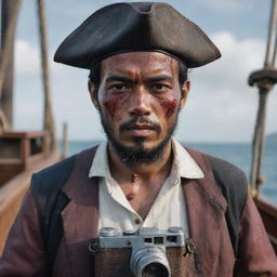 Hyper-realistic Instagram portrait of a Malay male in nautical pirate style, with a scratched and bloody face, on a pirate ship, portrayed through an epic film camera shot.