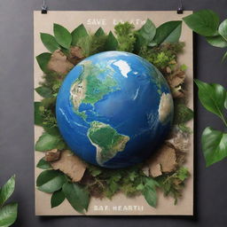 A striking and impactful poster featuring earth in space, surrounded by lush greenery and recycled materials. The overlay text reads 'Save Earth'. Add elements of conservation and a vibrant, hopeful backdrop for effect.