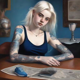 A striking digital art image illustrates an 18-year-old woman with white blonde hair