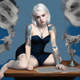 A striking digital art image illustrates an 18-year-old woman with white blonde hair