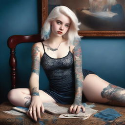 A striking digital art image illustrates an 18-year-old woman with white blonde hair