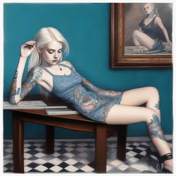 A striking digital art image illustrates an 18-year-old woman with white blonde hair