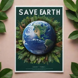 A striking and impactful poster featuring earth in space, surrounded by lush greenery and recycled materials. The overlay text reads 'Save Earth'. Add elements of conservation and a vibrant, hopeful backdrop for effect.