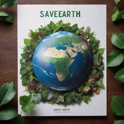 A striking and impactful poster featuring earth in space, surrounded by lush greenery and recycled materials. The overlay text reads 'Save Earth'. Add elements of conservation and a vibrant, hopeful backdrop for effect.