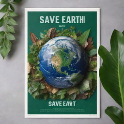 A striking and impactful poster featuring earth in space, surrounded by lush greenery and recycled materials. The overlay text reads 'Save Earth'. Add elements of conservation and a vibrant, hopeful backdrop for effect.