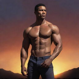 An illustration of a muscular man, unclothed but with strategic shadows preserving modesty, standing against a dramatic sunset backdrop.