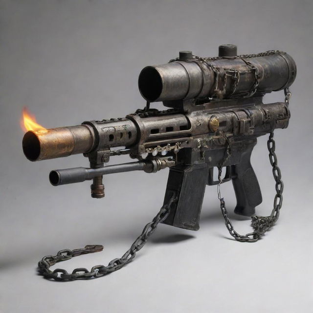 A flamethrower-machine gun hybrid weaponry, intricately adorned with chains and complete with a large gas canister.