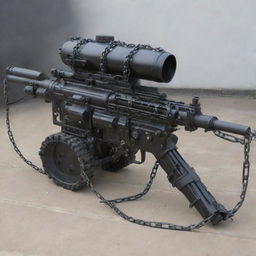 A flamethrower-machine gun hybrid weaponry, intricately adorned with chains and complete with a large gas canister.