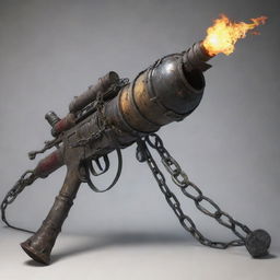 An fantastical weapon melding a flamethrower with a machine gun, adorned with chains and attached to a large gas cylinder.