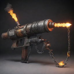 An fantastical weapon melding a flamethrower with a machine gun, adorned with chains and attached to a large gas cylinder.