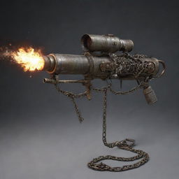 An fantastical weapon melding a flamethrower with a machine gun, adorned with chains and attached to a large gas cylinder.