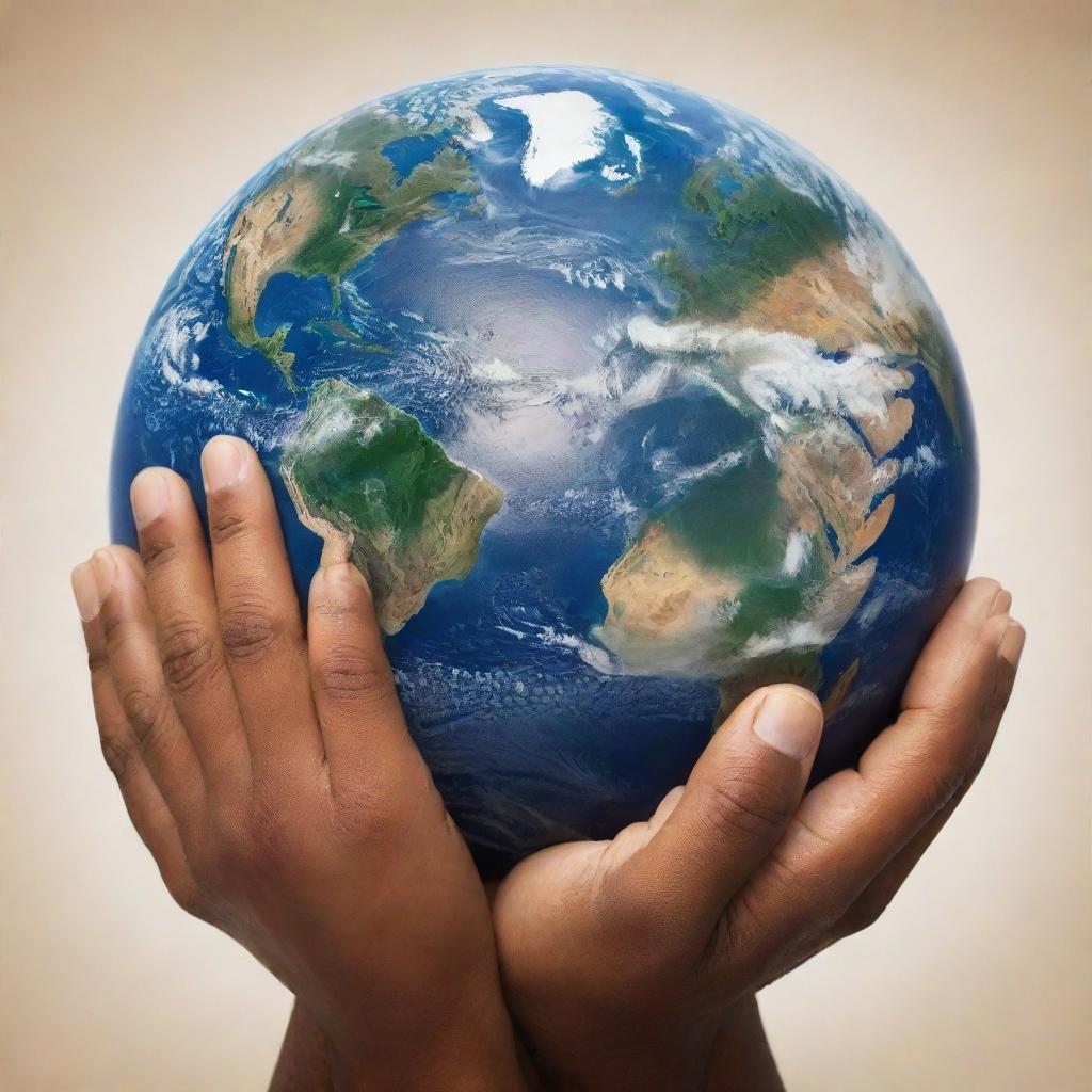 A detailed image of a strong, caring arm wrapping around the Earth in a warm, protective hug. The Earth is portrayed as vibrant and full of life, with the interaction depicting love and protection.