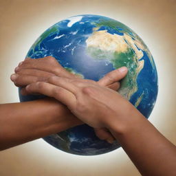 A detailed image of a strong, caring arm wrapping around the Earth in a warm, protective hug. The Earth is portrayed as vibrant and full of life, with the interaction depicting love and protection.