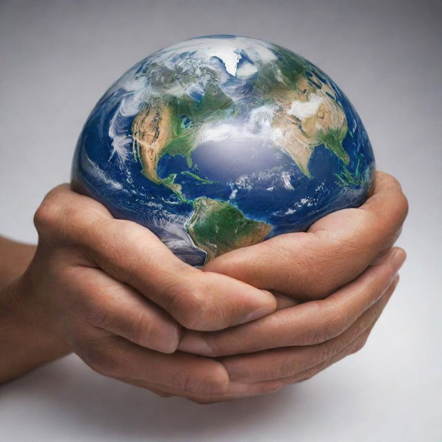 A detailed image of a strong, caring arm wrapping around the Earth in a warm, protective hug. The Earth is portrayed as vibrant and full of life, with the interaction depicting love and protection.