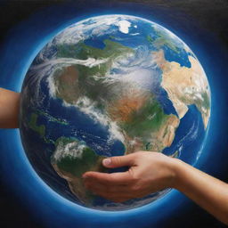 A detailed image of a strong, caring arm wrapping around the Earth in a warm, protective hug. The Earth is portrayed as vibrant and full of life, with the interaction depicting love and protection.