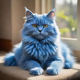 A whimsical depiction of a fluffy bright blue cat, with its glistening eyes matching the color of its fur, lounging comfortably in a sunlit room.