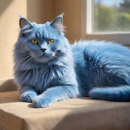 A whimsical depiction of a fluffy bright blue cat, with its glistening eyes matching the color of its fur, lounging comfortably in a sunlit room.