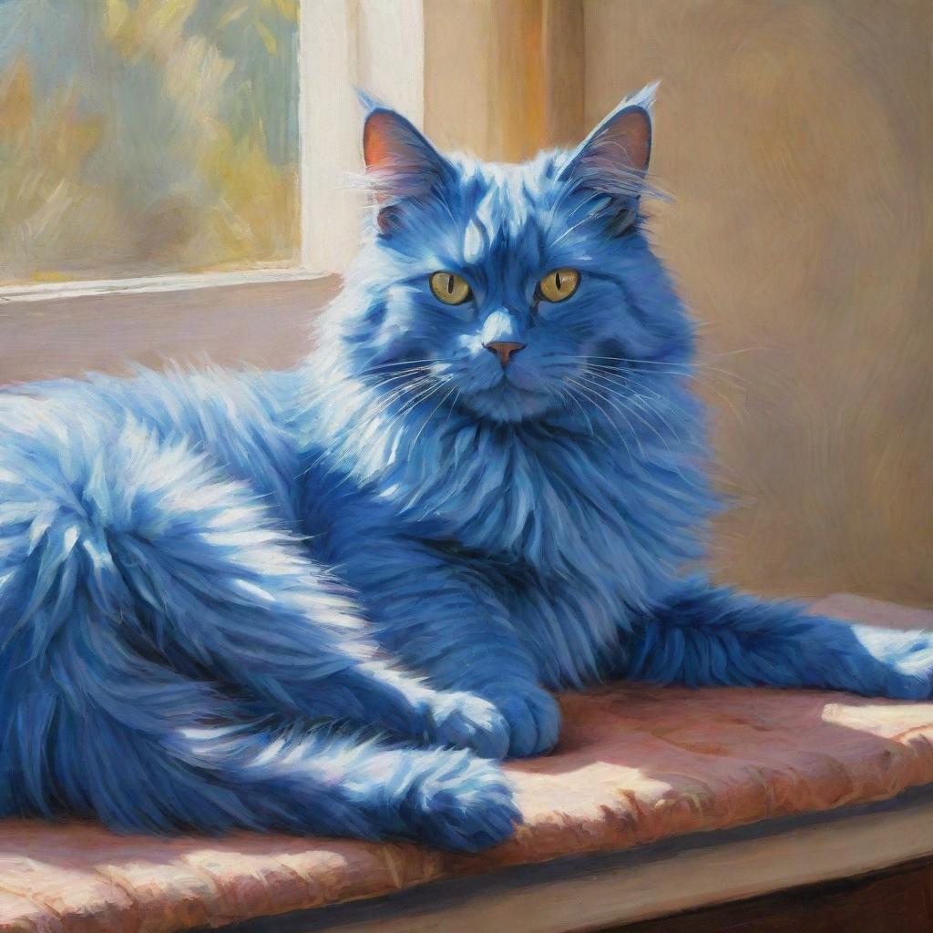 A whimsical depiction of a fluffy bright blue cat, with its glistening eyes matching the color of its fur, lounging comfortably in a sunlit room.