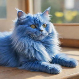 A whimsical depiction of a fluffy bright blue cat, with its glistening eyes matching the color of its fur, lounging comfortably in a sunlit room.